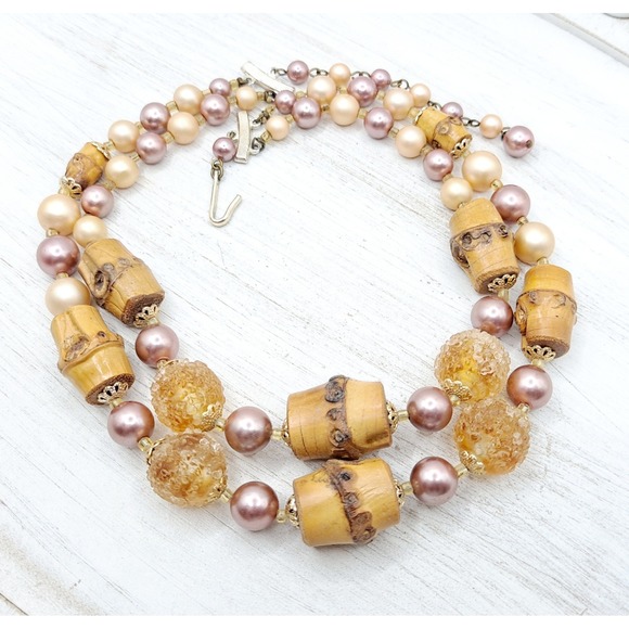 Japan Jewelry - Vintage Japan Double Strand Necklace Chunky Bamboo Faux Pearl Glass Beads 16"